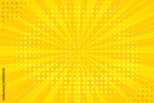 Yellow comic background with sun burst and dot halftone 