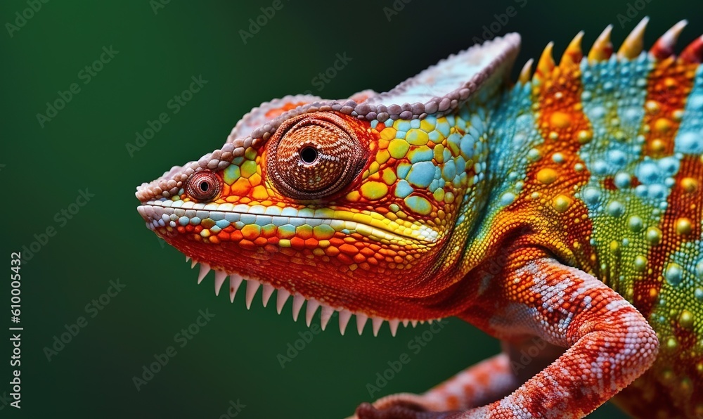 Fototapeta premium a close up of a colorful chamelon on a green and black background with a blurry back ground and a green and yellow background. generative ai