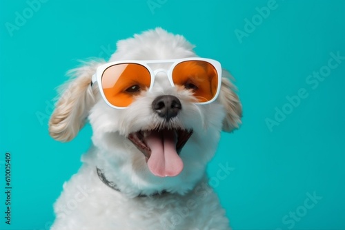dog portrait smile pet cute animal sunglasses funny isolated background trendy. Generative AI. © SHOTPRIME STUDIO