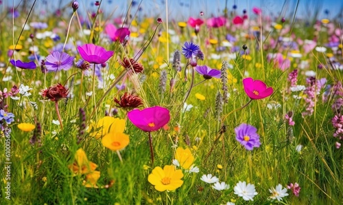  a field full of colorful wildflowers and other wildflowers in the grass and flowers in the foreground  with a blue sky in the background.  generative ai