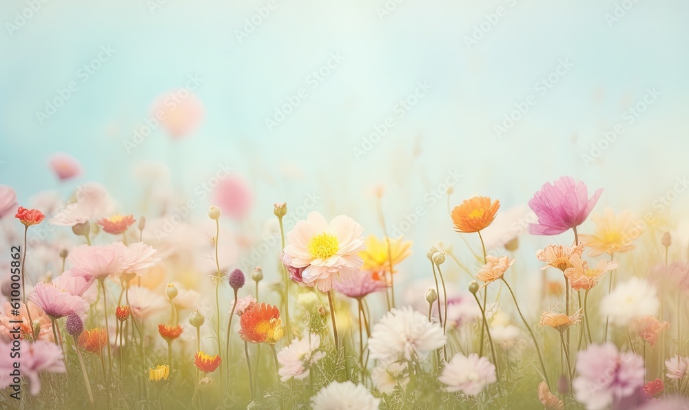 a field full of colorful flowers on a sunny day with a blue sky in the background of the photo is a soft focus on the flowers. generative ai a field full of colorful flowers on a sunny day with a blue sky in the background of the photo is a soft focus on the flowers. generative ai