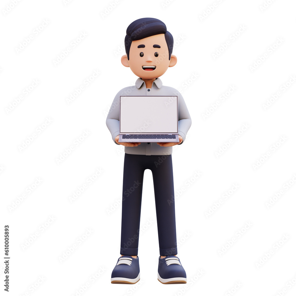 3D Male Character Holding and Presenting a Laptop with Empty Screen
