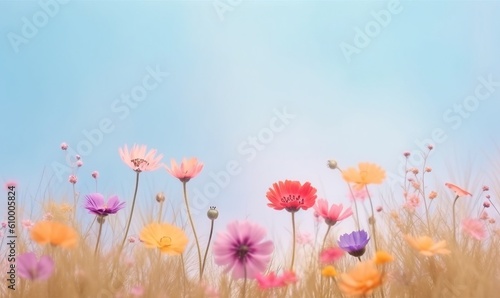  a field full of flowers with a sky in the background of the photo and a blue sky in the backgrouund. generative ai