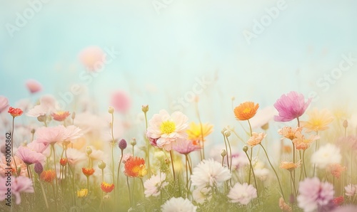  a field full of colorful flowers on a sunny day with a blue sky in the background of the photo is a soft focus on the flowers. generative ai