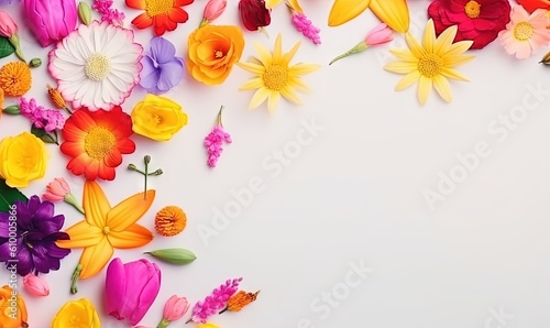  a white background with many different colored flowers and leaves on the bottom of the image is an overhead view of a white surface with a place for text. generative ai