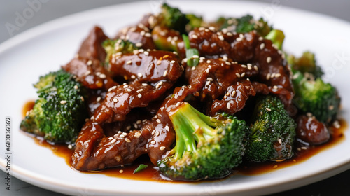 Close up shot of a delicious plate of beef and broccoli