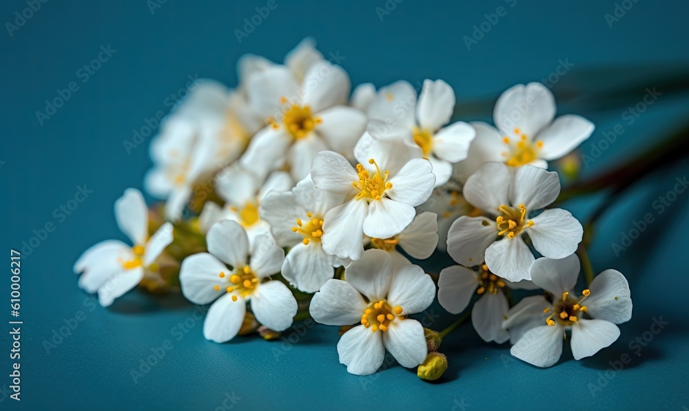 Fototapeta premium a bunch of small white flowers on a blue surface with a green stem in the middle of the picture and a few yellow and white flowers in the middle of the picture. generative ai
