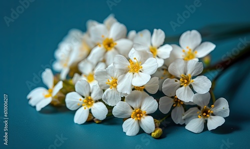 a bunch of small white flowers on a blue surface with a green stem in the middle of the picture and a few yellow and white flowers in the middle of the picture. generative ai