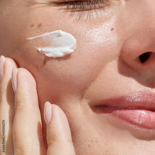 Obraz Hydration. Cream smear. Beauty close up portrait of young woman with a healthy glowing skin is applying a skincare product.