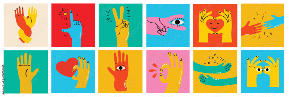 Cartoon hands abstract drawn comic. Set of Hand multicolored different signs and symbols. Drawing style Sticker decals. Vector illustration
