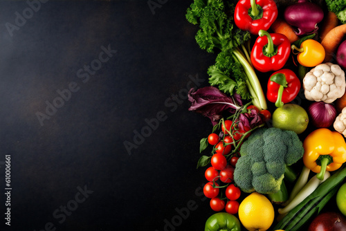 cooking ingredient fresh dark table farmer vegetable vegetarian background healthy food. Generative AI.