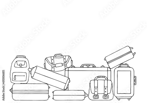 Many different suitcases, bags and suitcases on a white background. Travel and tourism. Copy space. Hand Drawn. Freehand drawing. Doodle. Sketch. Outline.	