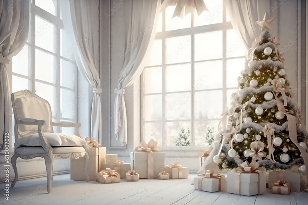 Fototapeta premium Christmas tree and white gift boxes with bows in white interior. Generative AI