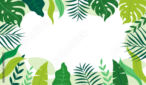 green leaf ecology earth day banner background. Fresh rainforest tropical plants frame background. monstera and palm tree copy space. vector illustration flat design.