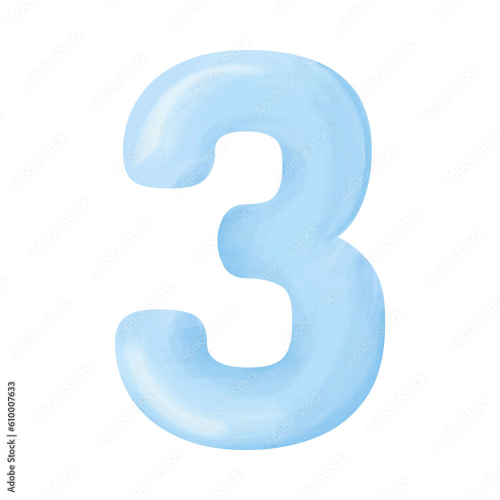 Blue voluminous number figure three with watercolor effect Blue voluminous number figure three with watercolor effect