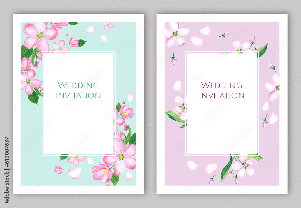 Watercolor frames with flowers in gentle tones..Invitation cards for wedding with apple tree flowers.