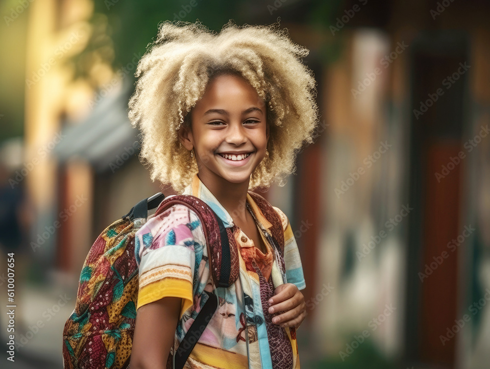 Fototapeta premium Happy child going to school with new books and notebooks. generative AI.