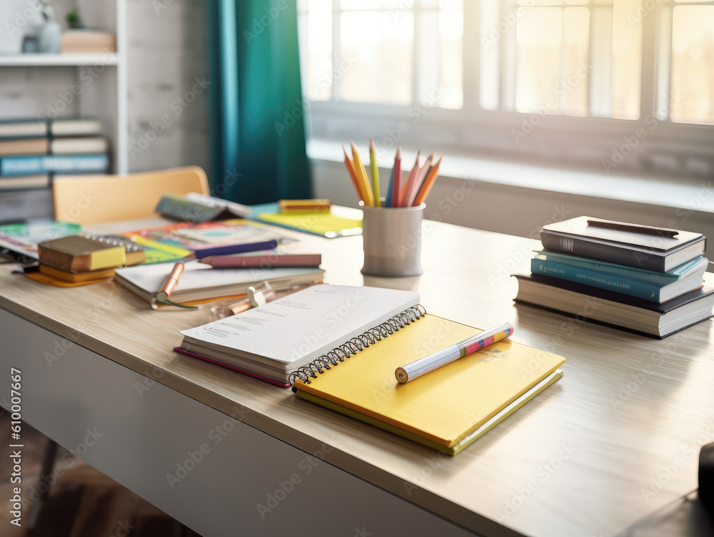 School desk with books and notebooks. generative AI.