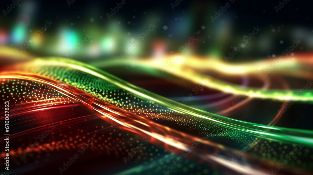 Fototapeta premium Energetic vibrations: lines of high-speed neon light waves create a dynamic movement of intense and bright colors: red and green. generative AI,