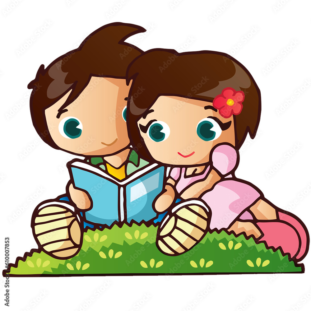 Sweet Cute Couple Mascot Design Reading Book Sweet Cute Couple Mascot Design Reading Book