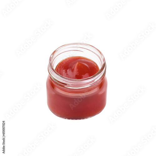 ketchup in a glass jar on a transparent background