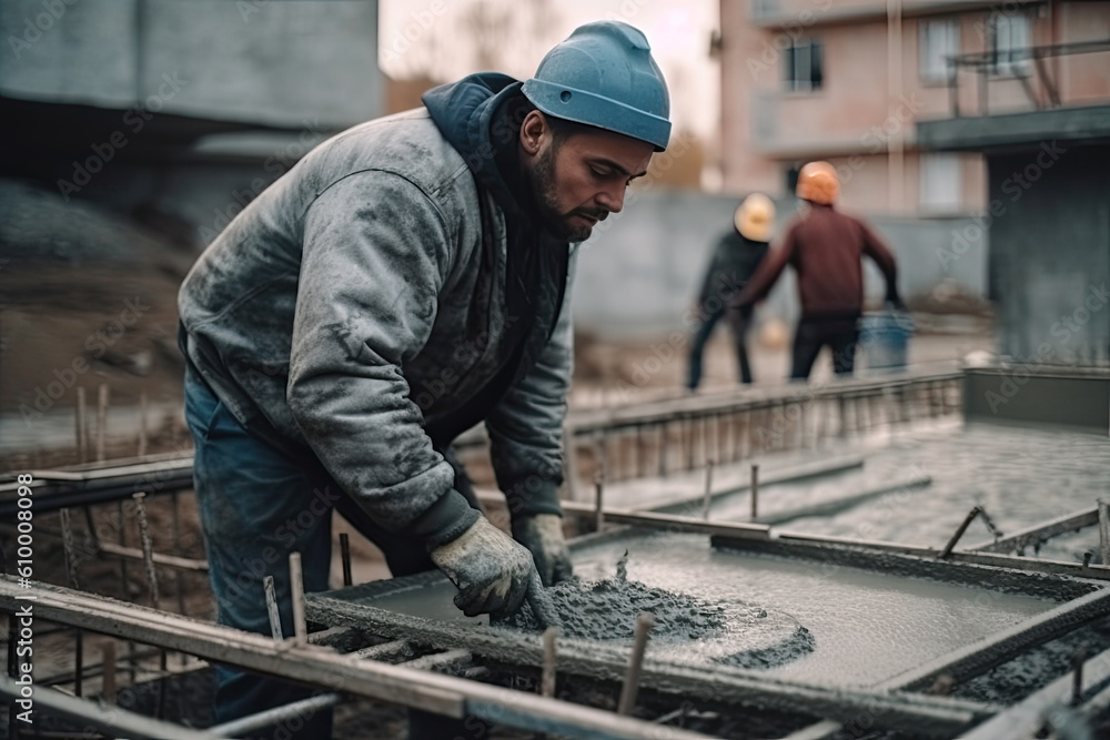 Worker levels a fresh concrete slab with a special working tool to evenly fill a column made of metal rods connected by wire, created with Generative AI Worker levels a fresh concrete slab with a special working tool to evenly fill a column made of metal rods connected by wire, created with Generative AI