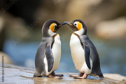 Two Penguins Engaging in Conversation among Group on Rocky Beach - AI Generative