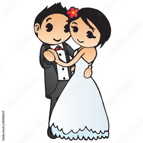 Cute Wedding Couple Mascot smiling happy dancing together