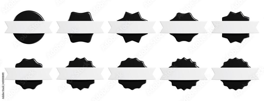 Black starburst sticker with white ribbon 3d render set - collection of round sun burst or star shape badges Black starburst sticker with white ribbon 3d render set - collection of round sun burst or star shape badges