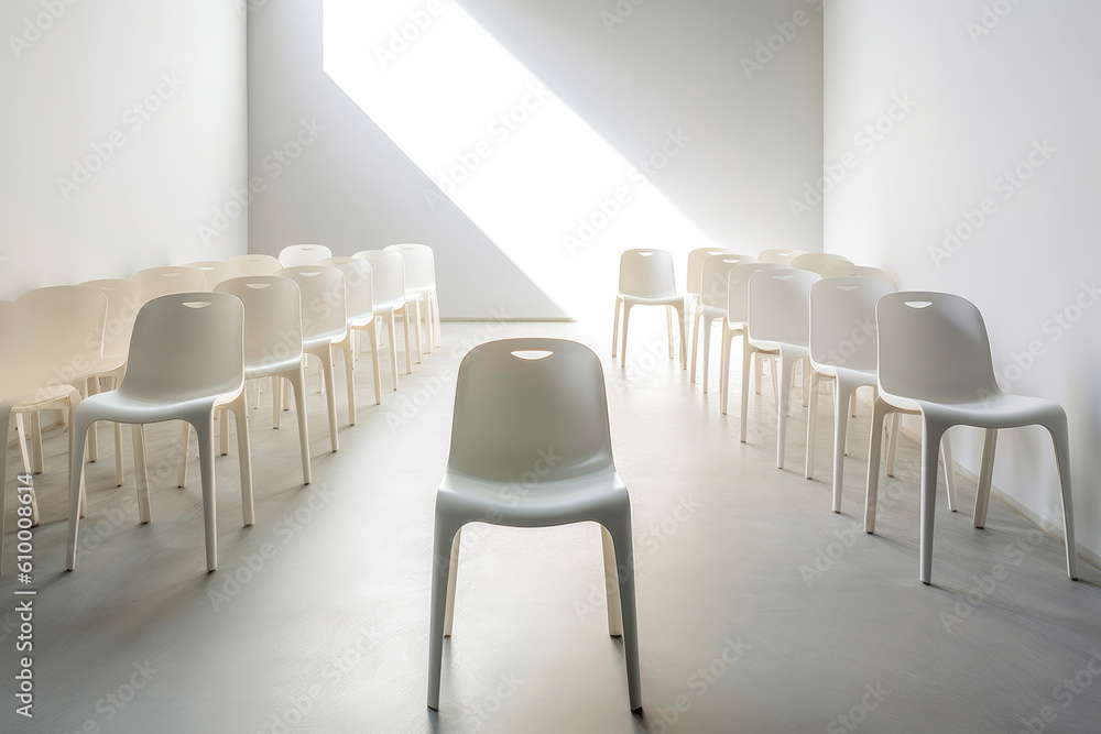 White lined up chairs in an empty white room. Generative AI