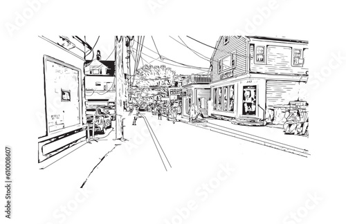 Building view with landmark of Provincetown is the town in Massachusetts. Hand drawn sketch illustration in vector.