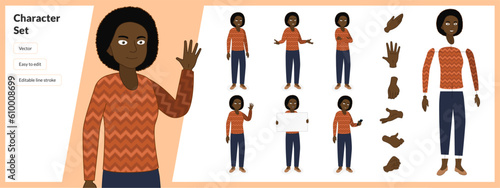 Illustration of black woman, wearing business casual pattern clothing in a set of multiple poses. Easy to edit with editable line strokes and isolated on white background. Suitable for animation.