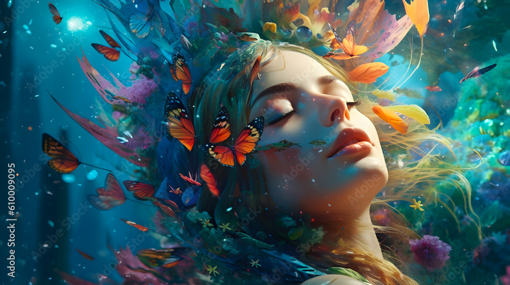 Beautiful girl in a dreamlike surrounded with flowers and nature - Generated AI Beautiful girl in a dreamlike surrounded with flowers and nature - Generated AI