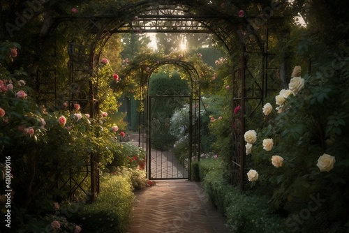 Lush Garden Pathway   Iron Trellis   Overgrown Roses   Romantic   Created With Generative AI
