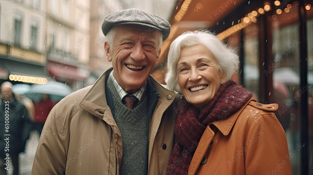 Happy senior couple in autumn park Generative AI