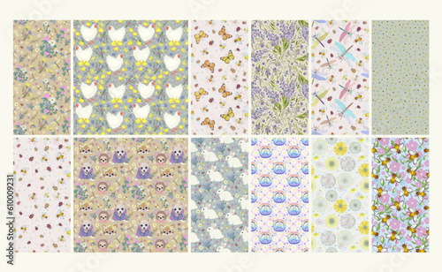 Vector set of soft pastel seamless patterns with flowers, insects and cute animals. Summer collection.
