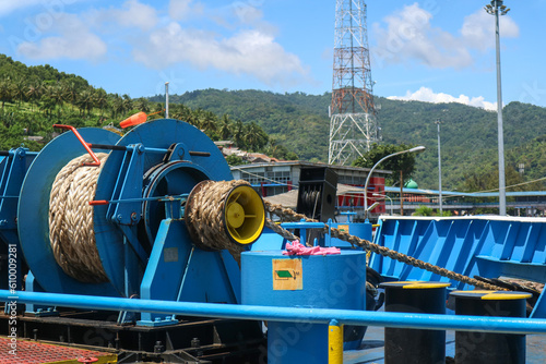 Photos Mooring winch on a forward of a ferry with rope and chain in drum