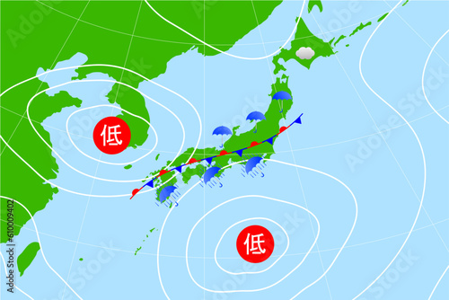 停滞前線が日本列島にとどまり、雨予報が出ている気圧配置図。梅雨、秋雨の時期の天気図。