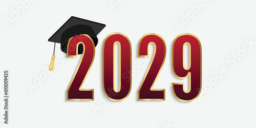 2029 red and gold numbers with graduation hat. vector illustration