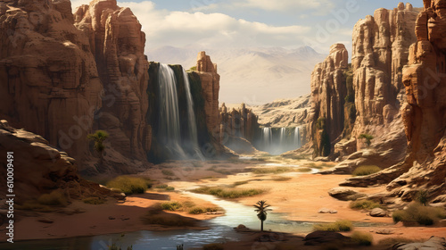 waterfall in a desert canyon, ai generated