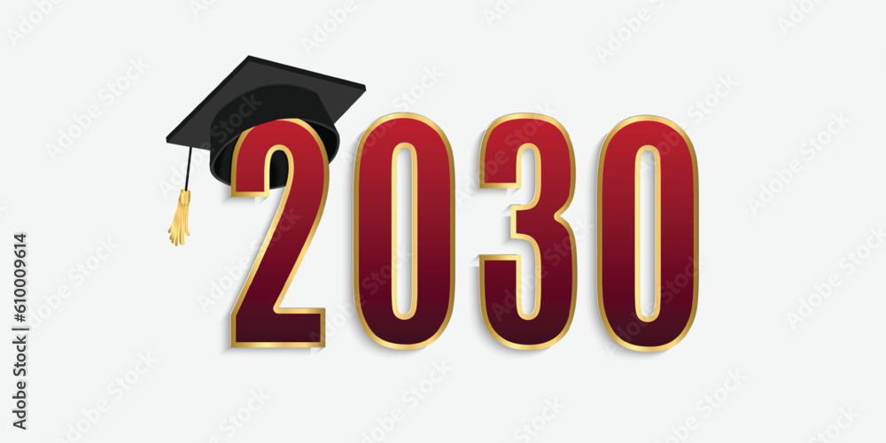 2030 red and gold numbers with graduation hat. vector illustration