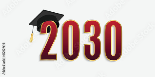 2030 red and gold numbers with graduation hat. vector illustration