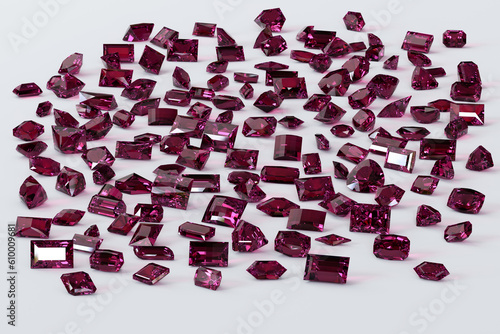 Variously cut deep pink rhodolite garnets scattered on white background. 3d illustration photo