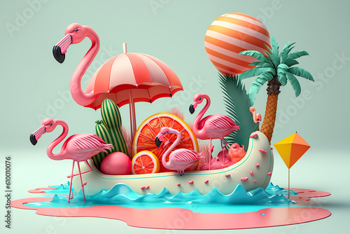 Summer tropical , Flamingo with watermelon, beach umbrella, palm trees, Summer festive vacation beach background , Generative AI