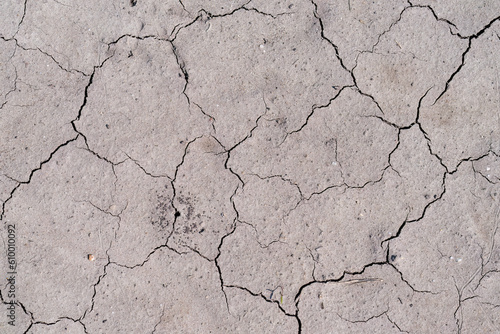 Close-up photo of dried, cracked soil.