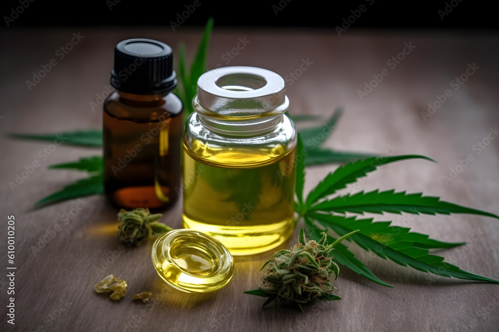 Green leaves of medicinal cannabis with extracted oil. Medical marijuana buds. Marijuana buds - medical marijuana concep Green leaves of medicinal cannabis with extracted oil. Medical marijuana buds. Marijuana buds - medical marijuana concep