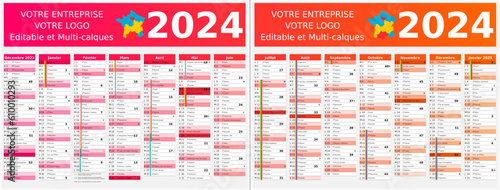 Calendrier 2024 14 mois au format 320 x 420 mm recto verso entièrement modifiable via calques et texte sans serif - vacances officielles