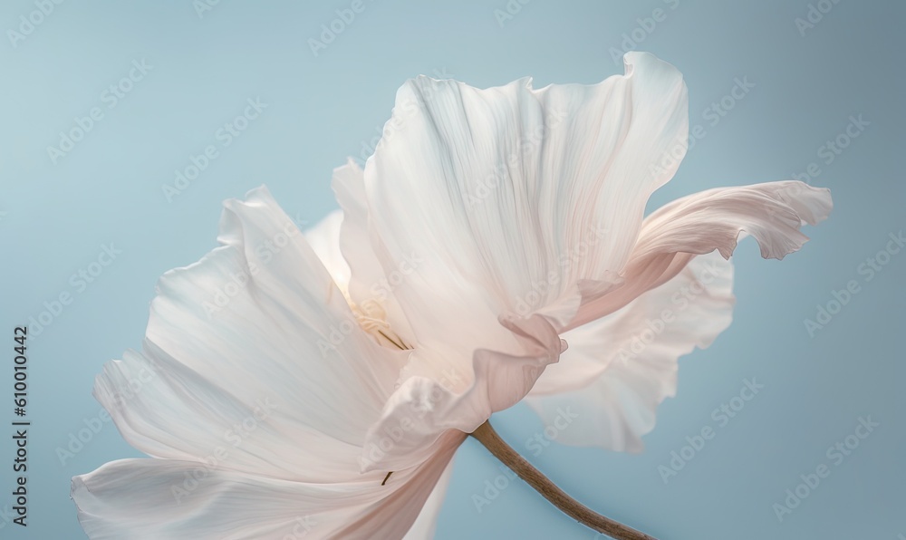 a large white flower with a blue sky in the background of it's center and a thin stem in the middle.  generative ai
