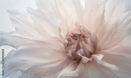  a close up of a large white flower with a light blue back ground and a light pink center flower in the middle of the center of the flower. generative ai