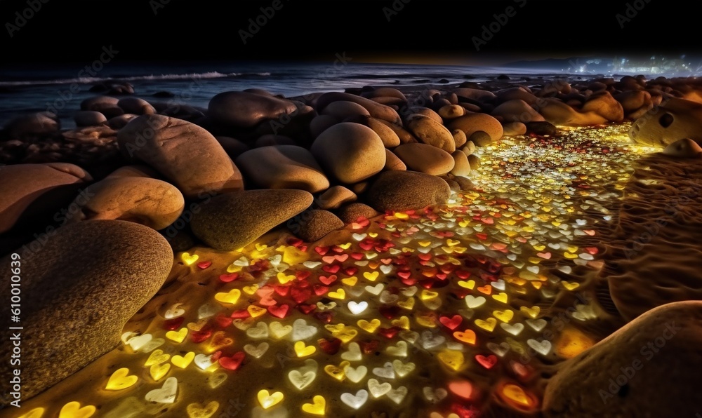  a beach with many hearts on it and a light show in the sand and water at night time with a full moon in the sky.  generative ai